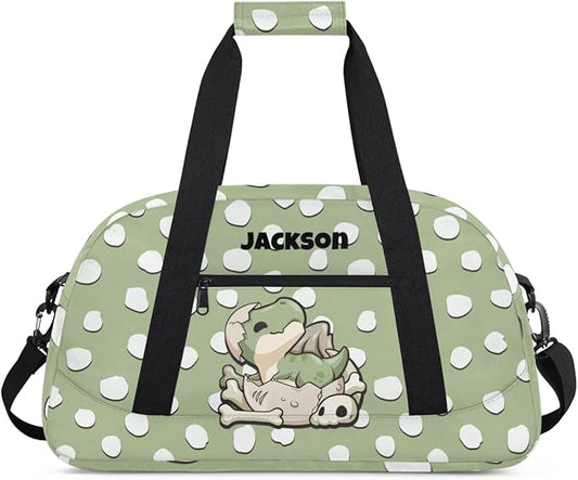 Personalized Duffel Bag for Kids Girls Boys, Dinosaur Spot Custom Name Gym Bag Overnight with Padded Handles Carry On Weekend Sports Travel Bag for School Practice Gymnastics Ballet