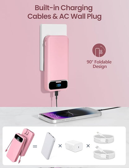 12000mAh Lightweight-Portable-Charger-Power-Bank with Built-in Cables and AC Wall Plug, PD20W USB-C Fast Charging Battery Pack, LED Display External Travel Phone Charger for All iPhone,Samsung,Android