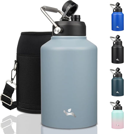 1 Gallon Jug with Handle,128 oz Insulated Water Bottle with Carrying Pouch, Double Wall Vacuum Stainless Steel Metal Bottle,Storm Blue