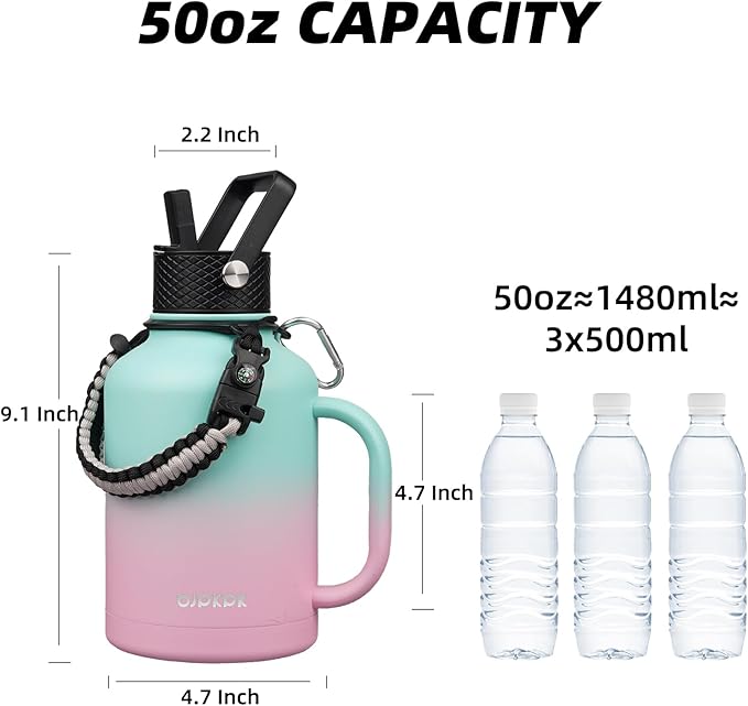 BJPKPK Large Insulated Water Bottles with Straw Lid & Handle, 50oz, 64oz, 87oz, 128oz Water Bottle with 3 Lids and Paracord Strap, Stainless Steel Metal Water Bottle, Insulated Water Jug, Marshmallow