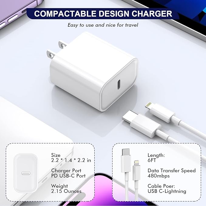 Fast Apple iPhone Charger,2Pack Apple Charge Cable iPhone Charger Fast Charging 6Foot Phone Charging USB C Charge Adapter 6FT Type C to Lightning Cable for iPhone 14/13/12/11 Pro Max/XR/XS/SE2022/iPad
