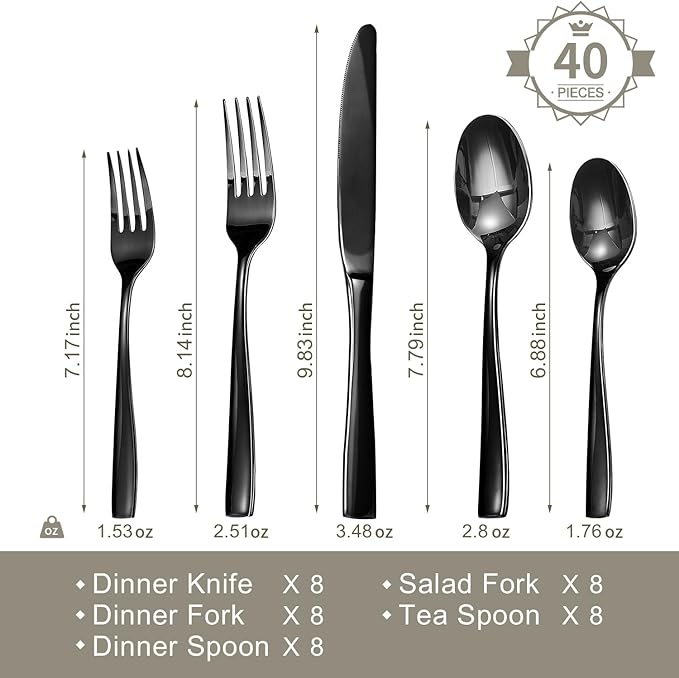 HIKAA Forged Silverware Set Stainless Steel Flatware Set,Service for 4,Matte Satin Polished Cutlery Set,Dishwasher Safe (Black, 40PCS)