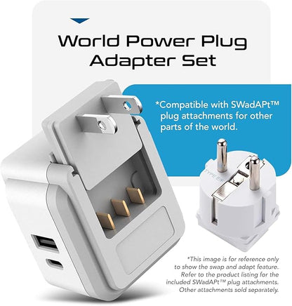Ceptics World Power Plug Adapter Set, Dual USB & USB-C 3.1A, 20W with QC-PD, 2 USA Outlet Compact & Powerful, Use In Europe, Asia, Australia, Japan, Includes Type A, B, C, E/F, G, I SWadAPt Attachment