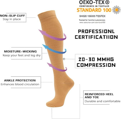 fenglaoda Compression Socks Women Men 6 Pairs, Knee High Best Support Circulation Socks for Running, Travel, Flight, Nurse