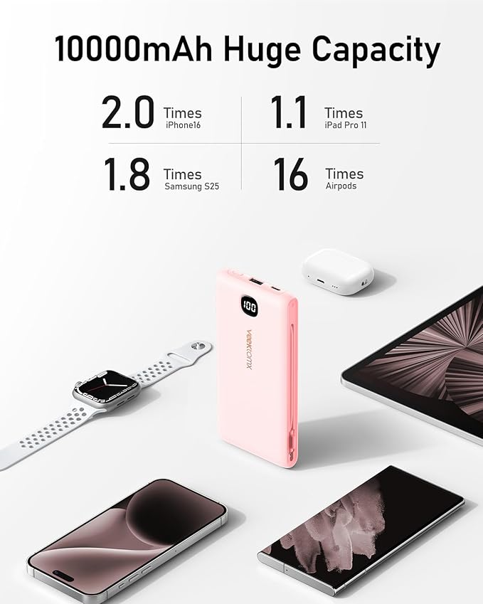 VEEKTOMX Portable Charger with Built in Cables 10000mAh, Power Bank for iPhone with Wall Plug, Travel Essential Fast Charging USB C Slim External Battery Pack for iPhone 17/16/15/14, Samsung, iPad,etc