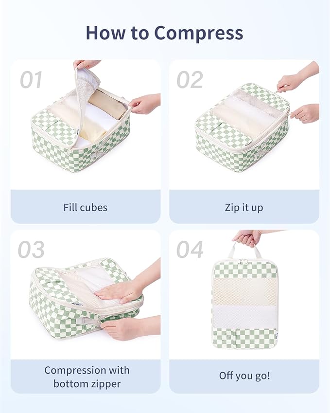 Narwey 5 Set Compression Packing Cubes for Travel, Luggage Packing Organizer Bags for Carry on Suitcase, Expandable Checkered Storage Bags with Laundry & Handle (Mint Green Checkerboard)