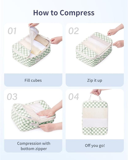 Narwey 5 Set Compression Packing Cubes for Travel, Luggage Packing Organizer Bags for Carry on Suitcase, Expandable Checkered Storage Bags with Laundry & Handle (Mint Green Checkerboard)