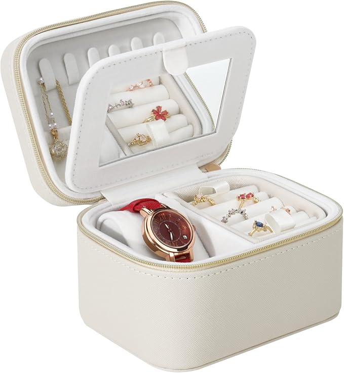 DesignSter Travel Jewelry Case,Small Jewelry Box with Mirror,Leather Material Travel Jewelry Case Organizer, Portable Jewelry Organizer with Zipper(Gray