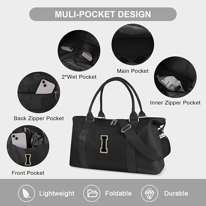 Dance Gym Duffel Bag for Teen Girls, Personalized Initial Travel Weekender Bag,Cute Overnight Carry On Duffle for Women,Sports Travel Cheer Bag,Monogram Christmas Gifts for Tween Preppy(black-I)