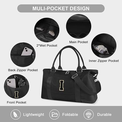 Dance Gym Duffel Bag for Teen Girls, Personalized Initial Travel Weekender Bag,Cute Overnight Carry On Duffle for Women,Sports Travel Cheer Bag,Monogram Christmas Gifts for Tween Preppy(black-I)