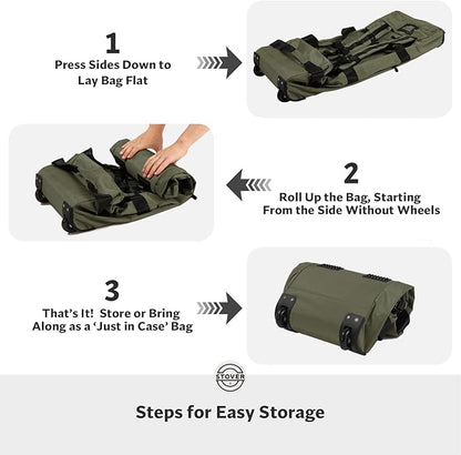 STOVER 100L Rolling Duffel Bag with Wheels, X-Large Durable Travel Duffle + Toiletry Bag, Heavy Duty, Packable with Shoulder Straps- Use as Luggage or Backpack, Men/Women (Green)