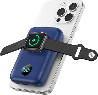 Magnetic Portable Charger for iPhone,10800mAh 4-in-1 Power Bank with iWatch Charger,25W PD Fast Charging Battery Pack for Magsafe,iPhone 17/16/15/14/13/12 Series,Apple Watch,Travel Essential,Blue