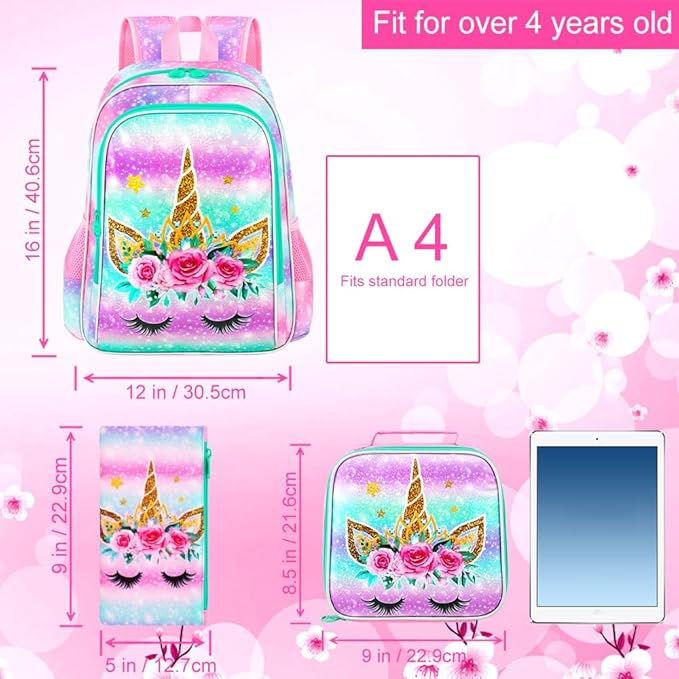 WZLVO 3PCS Unicorn Backpack for Girls, 16" Kids Preschool Bookbag with Lunch Box，Water Resistant School Backpacks Set for Elementary Kindergarten