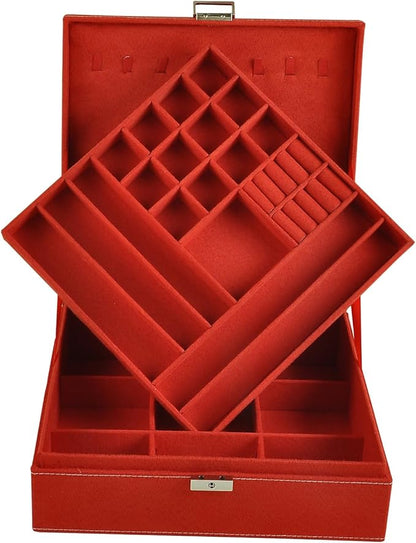 Jewelry Boxes 10 x 10 Inches 2-layer Handle Necklace Holder Organizer Jewellery Women Rings Storage Display Girls Earrings Case Lockable Jewelry Tray GY641 (Red)