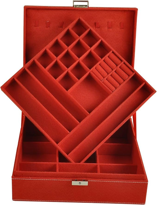 Jewelry Boxes 10 x 10 Inches 2-layer Handle Necklace Holder Organizer Jewellery Women Rings Storage Display Girls Earrings Case Lockable Jewelry Tray GY641 (Red)