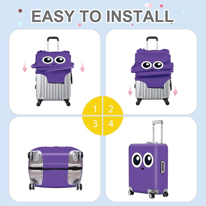 ANNA QUEEN Cute Smiley Face Luggage Cover, Purple Cartoon Suitcase Protector with Big Eyes Design, Stretchable, Washable Travel Cover for 24-26 Inch Luggage