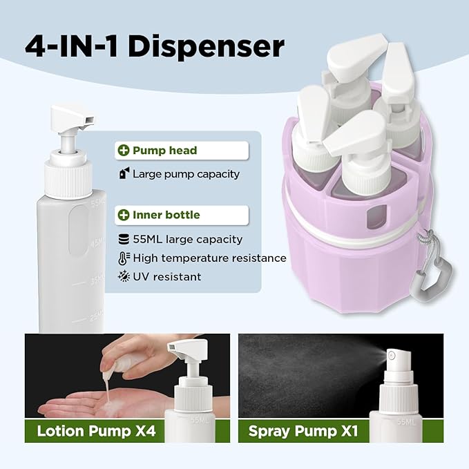 YOTIME 4in1 Travel Bottles Set, Vacuum Silicone Suction Cup for Smooth Walls, TSA Approved Leak Proof Travel Size Containers for Toiletries, Shampoo, Body Wash and Conditioner, Pink