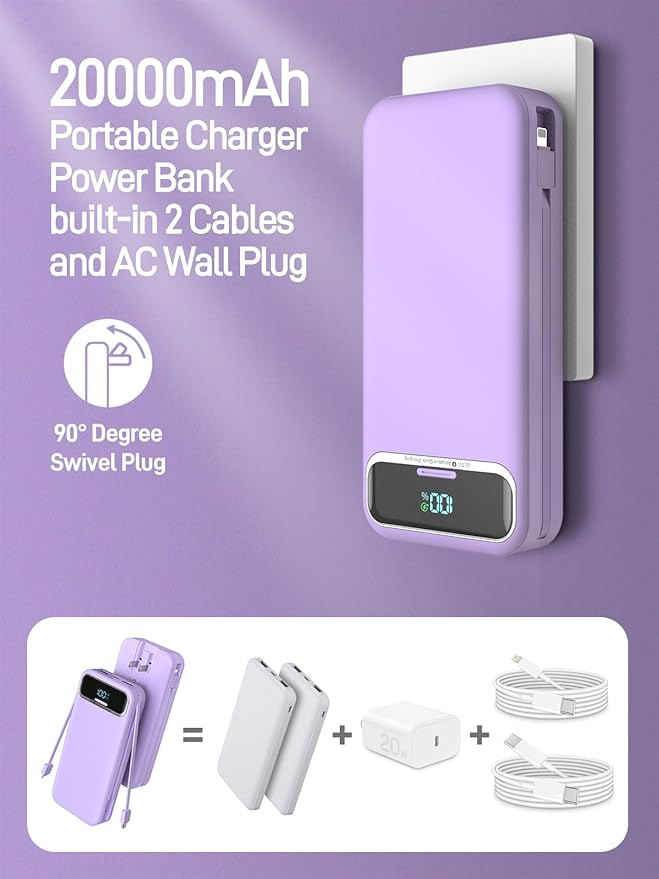 Portable Charger Power Bank with Built in Cables and AC Wall Plug, PD20W & SCP22.5W USB-C Super Fast Charging, 20000mAh Travel Phone Charging, LED Display Battery Pack Compatible All iPhone etc