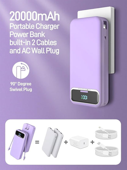 Portable Charger Power Bank with Built in Cables and AC Wall Plug, PD20W & SCP22.5W USB-C Super Fast Charging, 20000mAh Travel Phone Charging, LED Display Battery Pack Compatible All iPhone etc
