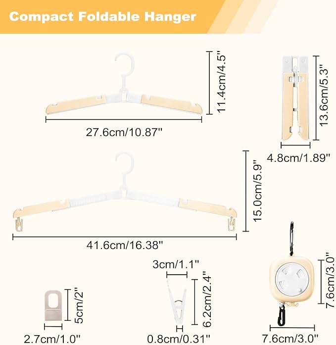 6 Pack Foldable Travel Hangers with Clips & Adjustable Clothesline, Portable Collapsible Hangers with Storage Bag for Suitcase, Hotel, RV, Cruise Essentials Set (Beige)