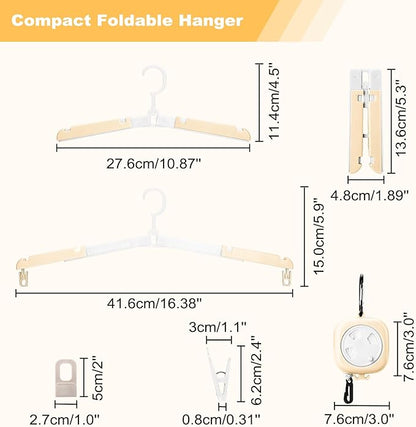 6 Pack Foldable Travel Hangers with Clips & Adjustable Clothesline, Portable Collapsible Hangers with Storage Bag for Suitcase, Hotel, RV, Cruise Essentials Set (Beige)