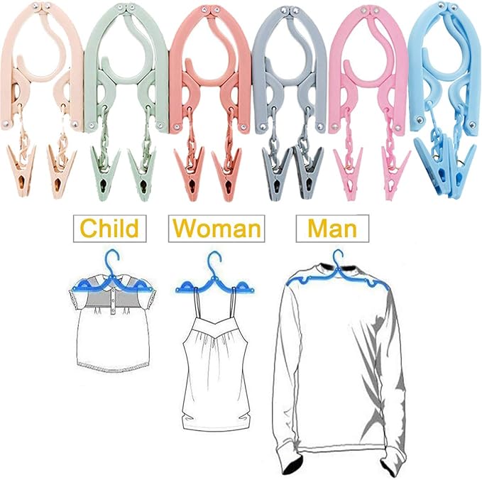 Portable Folding Travel Clothes Hangers12 Pcs with 24 Pcs Clips,with 1 Pcs Clothesline,for Scarves Suits Trousers Pants Shirts Socks Underwear Clothesp