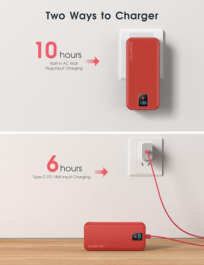 Portable Charger, 20000mAh 22.5W Fast Charging Power Bank with Built-in Cables & Wall Plug, Travel Essentials Battery Pack with LED Display, USB C External Battery Bank for iPhone iPad, Samsung Red