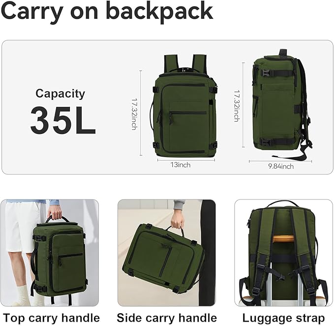 Carry On Travel Backpack Flight Approved Laptop Backpack Business Work Backpack for Women Men Large Capacity Casual Daypack with Wet/Dry Separation Pockets, Dark Green