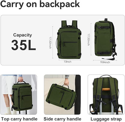 Carry On Travel Backpack Flight Approved Laptop Backpack Business Work Backpack for Women Men Large Capacity Casual Daypack with Wet/Dry Separation Pockets, Dark Green