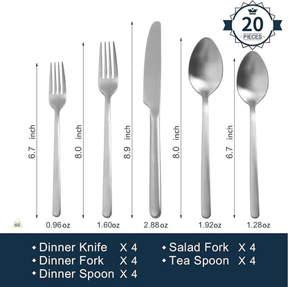 KINGSTONE Silverware Set, 20 Piece Flatware Cutlery Set for 4, 18/10 Stainless Steel Silverware Mirror Polished Dishwasher Safe for Home, Restaurant, Wedding, Party, Matte Silver
