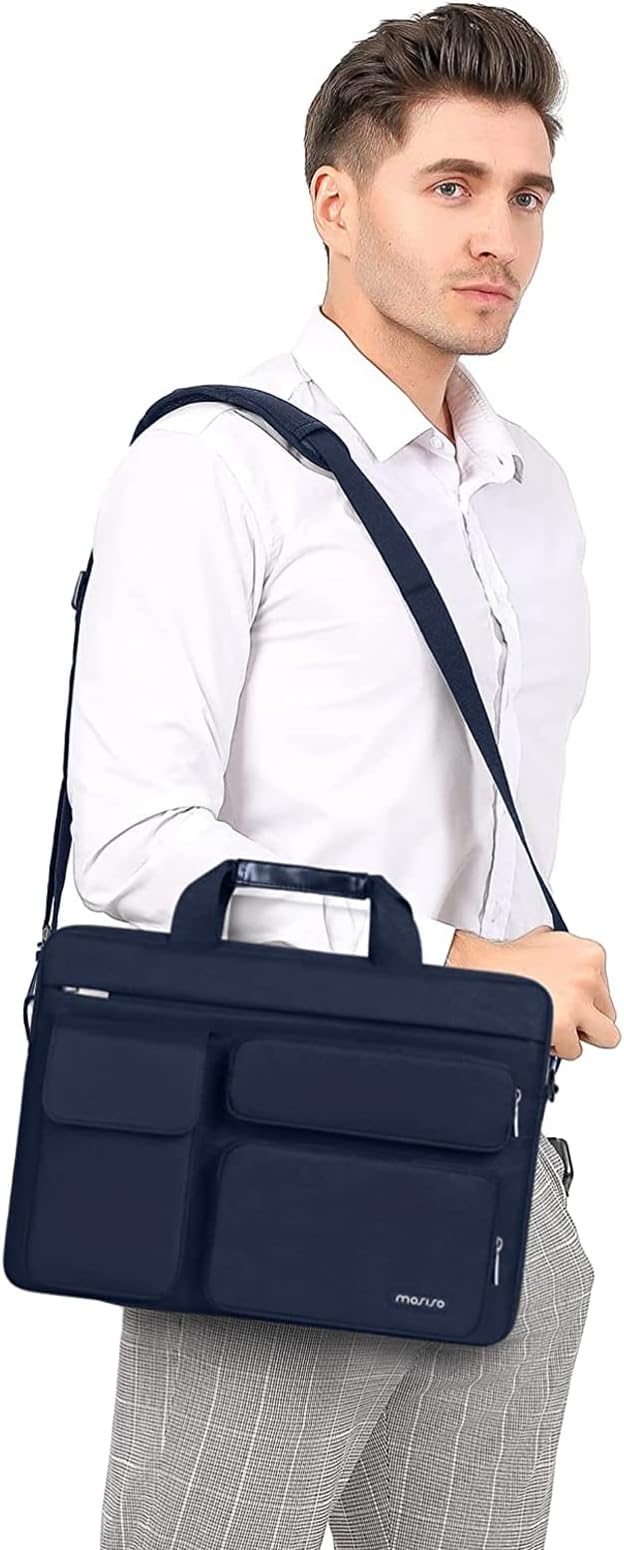 MOSISO Laptop Shoulder Bag 13.3 inch, 13-14 inch Computer Bag Compatible with MacBook Air/Pro 13 / Pro 14, HP Dell ASUS Lenovo with 2 Raised&1 Flapover&1 Horizontal Pocket&Handle&Belt, Navy Blue
