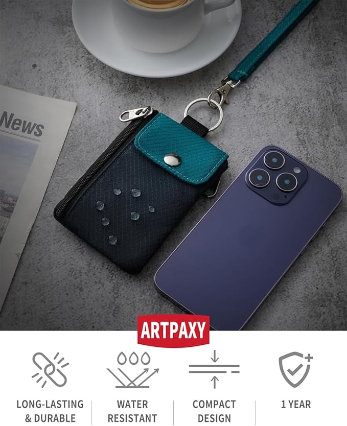 Minimalist Wallet For Mens Womens, Keychain RFID Blocking Zipper Small Wallet with ID Window 2 Lanyards,Water Resistant Travel Cash Card Coin Case Boys Girls