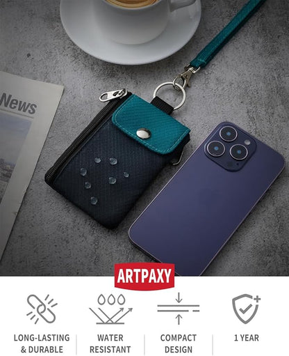 Minimalist Wallet For Mens Womens, Keychain RFID Blocking Zipper Small Wallet with ID Window 2 Lanyards,Water Resistant Travel Cash Card Coin Case Boys Girls