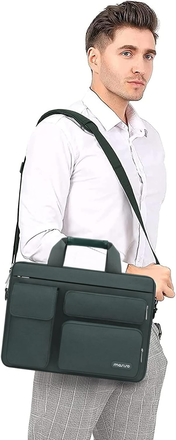 MOSISO Laptop Shoulder Bag 15.6 inch, 15-15.6 inch Computer Bag Compatible with MacBook Pro 16 inch, HP, Dell, Lenovo, Notebook with 2 Raised&1 Flapover&1 Horizontal Pocket&Handle&Belt, Emerald Green
