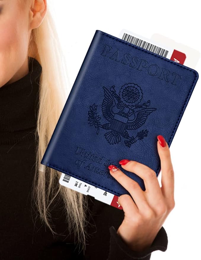 Real Leather Wallet RFID Family Passport Holder Waterproof Travel Black (Blue)