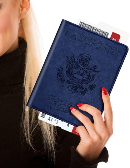 Real Leather Wallet RFID Family Passport Holder Waterproof Travel Black (Blue)