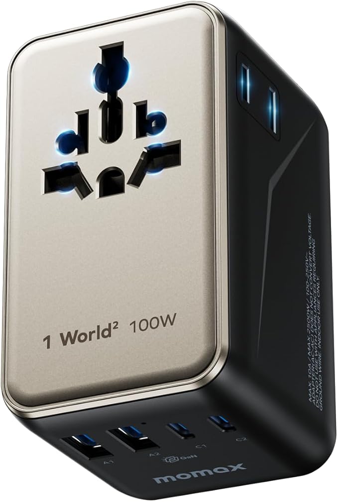 MOMAX 6-in-1 Universal Travel Adapter, GaN 100W International Power Adapter, 2 AC, 2 USB-C PD Fast Charging & 2 USB-A QC, All-in-one International Plug Adapter for Travel European UK AUS JP