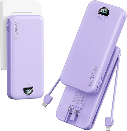 12000mAh Ultra-Portable-Charger-Power-Bank with Built in Cables&AC Wall Plug,PD20W USB-C Fast Charging Cell Phone Charger Battery Pack,LED Display Travel Battery Bank for All iPhone,Samsung,Android