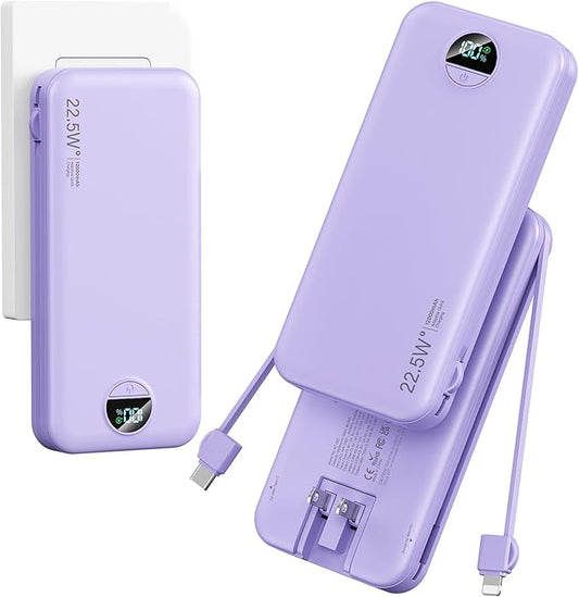 12000mAh Ultra-Portable-Charger-Power-Bank with Built in Cables&AC Wall Plug,PD20W USB-C Fast Charging Cell Phone Charger Battery Pack,LED Display Travel Battery Bank for All iPhone,Samsung,Android