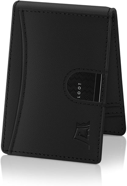 Kings Loot Money Clip Slim Minimalist Wallet for Men – RFID Blocking Leather Design with Money Clip – Front Pocket Bifold Holds 12 Cards – Stylish & Compact Wallets (Black)