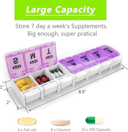 Extra Large Weekly Pill Organizer 2 Times a Day - Remtise Am/Pm Daily Pill Case Medicine Organizer, Push Button 7 Day Pill Box for Pills/Vitamin/Cod Liver Oil/Supplements (Purple & Green)