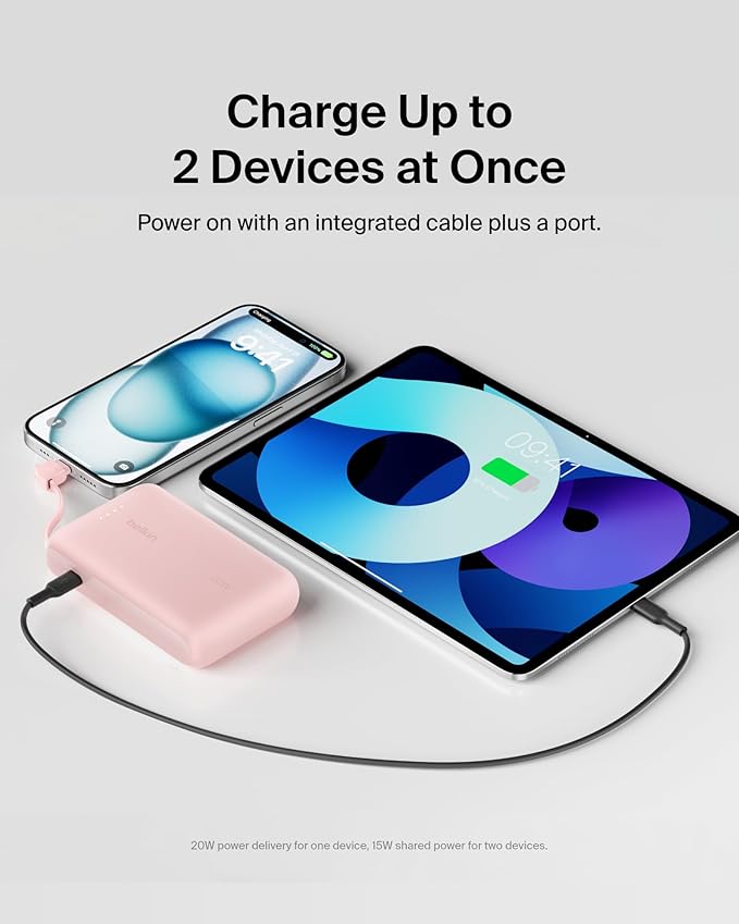 Belkin Portable Charger, Power Bank with Integrated Cable 10000 mAh 20W - Fast Charge USB C Power Delivery - iPhone 17, Air, Pro, Pro Max, iPad, AirPods, Apple Watch, Galaxy S25, & More - Pink