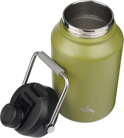 1 Gallon Jug with Handle,128 oz Insulated Water Bottle with Carrying Pouch, Double Wall Vacuum Stainless Steel Metal Bottle,Forest Green
