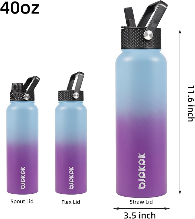 BJPKPK Insulated Water Bottles with Straw Lid, 40oz Stainless Steel Water Bottles with 3 Lids, BPA Free Leakproof Thermo, Tumblers, Cups for Sports, Gym- Ocean Dream