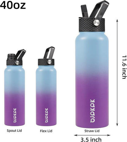BJPKPK Insulated Water Bottles with Straw Lid, 40oz Stainless Steel Water Bottles with 3 Lids, BPA Free Leakproof Thermo, Tumblers, Cups for Sports, Gym- Ocean Dream