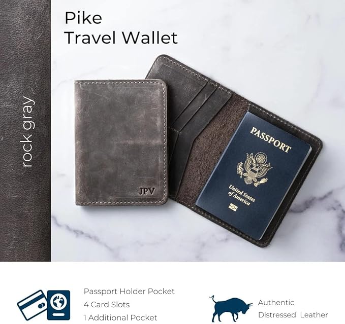 PEGAI Standard Full Grain Crazy Horse Leather Passport Holder | Custom Travel Passport Cover & Organizer | Handcrafted Leather Passport Wallet for Men and Women | Pike (Rock)