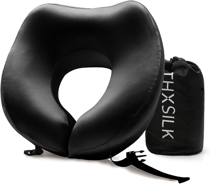 THXSILK 100% Mulberry Silk Neck Pillow for Traveling, Pure Memory Foam Travel Pillow for Airplanes, Travel Neck Pillow for Sleeping, Head and Neck Support, Includes Storage Bag (Black)