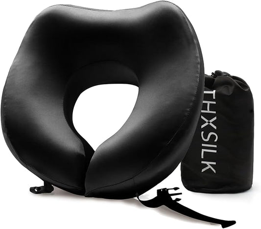 THXSILK 100% Mulberry Silk Neck Pillow for Traveling, Pure Memory Foam Travel Pillow for Airplanes, Travel Neck Pillow for Sleeping, Head and Neck Support, Includes Storage Bag (Black)