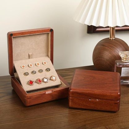 Rosewood Cufflink Organizer Storage Box No-Veneer Solid Wood Craftsmanship Hold 12 Cufflinks Rings Earrings Smooth Surface Soft Coral Fleece Lining Compact for Travel Gift Jewelry Enthusiasts