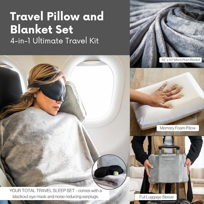 Travel Pillow and Blanket Set - 4-in-1 Ultimate Travel Kit with Memory Foam Pillow, Travel Blanket, Sleep Mask, and Earplugs-Ultimate Comfort and Coziness for Your Journeys - Grey